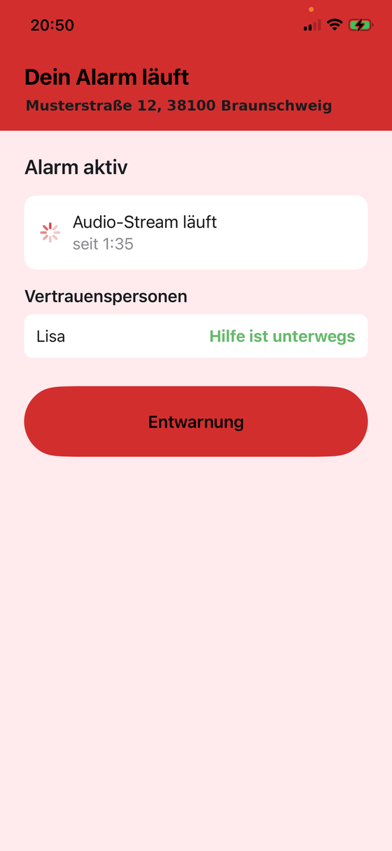 Laufender Alarm: roter Bildschirm „Dein Alarm läuft