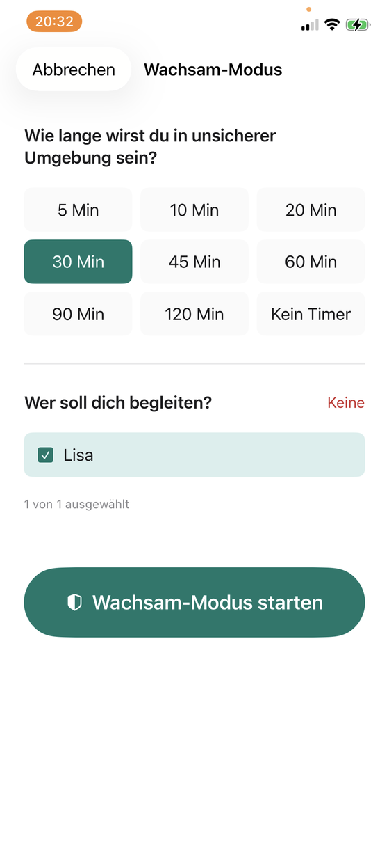 Wachsam-Modus einrichten: Auswahl der Dauer – hier 30 Minuten – und der begleitenden Vertrauensperson Lisa.