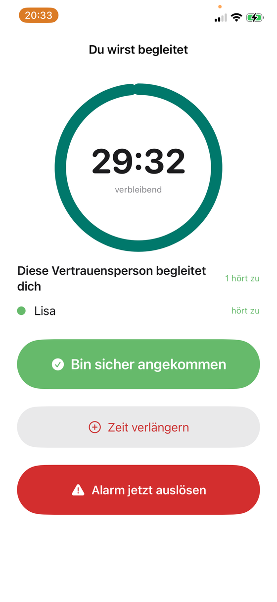 Laufender Wachsam-Modus mit Countdown 29:32, dem Hinweis, dass Lisa live zuhört, und den Schaltflächen „Bin sicher angekommen